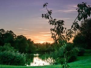 a view of a pond with a sunset in the background at Lake View Lodges - 25076 in Old Leake