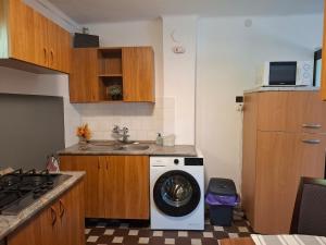 a kitchen with a washing machine and a sink at Szemben apartment in Csengőd