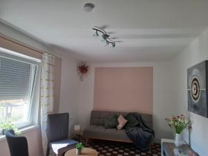 a living room with a couch and a window at Szemben apartment in Csengőd