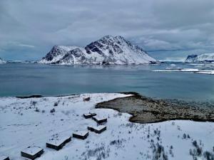 a view of a body of water with snow covered mountains at Seafront Luxury Villa near Henningsvær in Kleppstad +56 photos