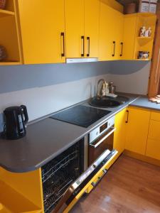 a yellow kitchen with a sink and a dishwasher at Cosy VILLA with sauna in Saulkrasti