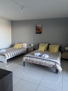 a bedroom with two beds with towels on them at Kaz Toutoune in Saint-Leu +21 photos