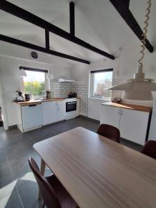 a large kitchen with a wooden table in a room at Strandens Apartment in Ishøj