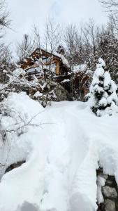 a snow covered yard with a house in the background at Chalet Jezerca in Valbonë