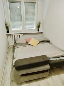 a bed sitting in a room with two windows at Zakole Street in Konin