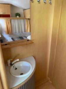 a small bathroom with a sink and a mirror at Karavan Pod Lipami in Dolní Bečva