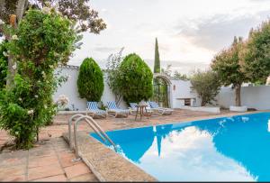 a pool in a yard with chairs and trees at Cortijo el Vicario in Ronda