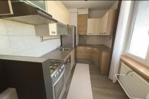 a small kitchen with a stove and a sink at Apartmán PP Tatry in Jezersko