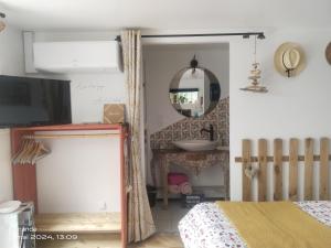 a bedroom with a bed and a mirror and a sink at Studio CAP à CAP in Mimizan