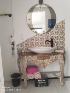 a bathroom with a sink and a mirror at Studio CAP à CAP in Mimizan +12 photos