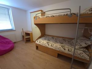 a bedroom with two bunk beds and a desk at Pauza Plac in Žitence