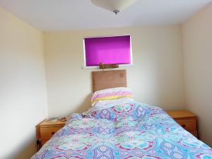 a bedroom with a bed with a tv on the wall at An Tigín, Gortadoo in Dingle