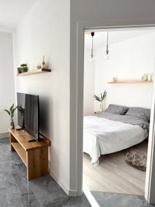 a bedroom with a bed and a flat screen tv at Apartament Stare Miasto 2 in Elblag