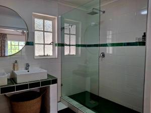 a bathroom with a sink and a glass shower at Sensitively restored spacious apartment in Durban +24 photos