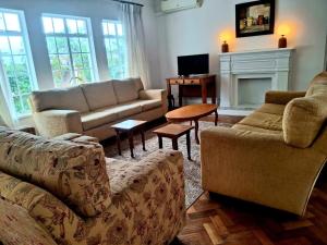 a living room with two couches and a fireplace at Sensitively restored spacious apartment in Durban