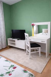 a bedroom with a desk and a bed and a tv at Apartman i sobe Milica Vrnjacka Banja in Vrnjci