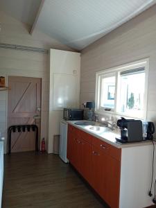 a kitchen with a sink and a window in it at B&B Stripsein in Wijnjewoude