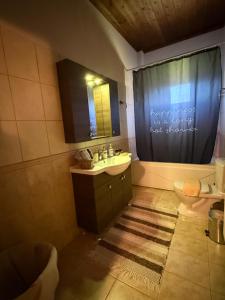 a bathroom with a sink and a toilet and a shower at Septem Mountain House in Eptalofos +14 photos