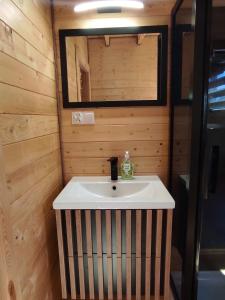 a bathroom with a sink in a wooden cabin at Domek u Emi jakuzzi Wilkasy Giżycko in Wilkasy +17 photos
