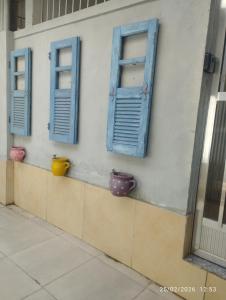 three blue shuttered windows on a wall with pots at Quitinete 5 Itaguaí in Itaguaí +5 photos