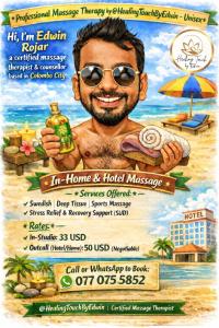 a flyer for a beach resort with a man holding a drink at Sea View Apartment in Colombo