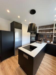 a kitchen with black appliances and a black refrigerator at Balcón del cubo in Covaleda +14 photos