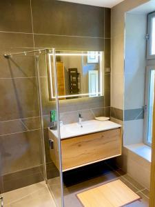 a bathroom with a sink and a shower at Villandry - Domaine de l'Augeonnière in Villandry