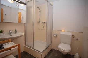 a bathroom with a shower and a toilet and a sink at Ferienwohnungen Wolf in Holzgau +29 photos