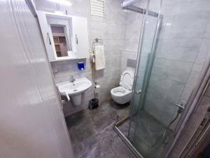 a bathroom with a toilet and a sink and a shower at Tac Hotel in Ankara