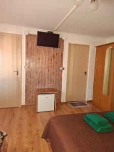 a room with a bed and a television on a wall at Сонечко in Velyka Bihanʼ