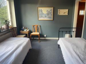 a blue room with two beds and a chair at Örkelljunga overnight stay in Orkelljunga