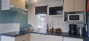 a kitchen with a sink and a microwave at Chalet B1 900m vom Strand in Koudekerke