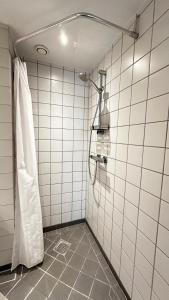 a shower in a bathroom with a tiled wall at City management Løv in Copenhagen +118 photos