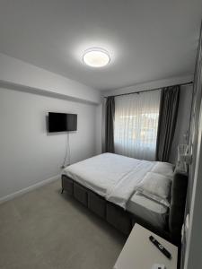 a bedroom with a bed and a flat screen tv at DE Apartment in Rădăuţi