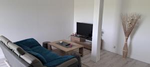a living room with a couch and a tv at Gîte du Chemin vert in Taugon