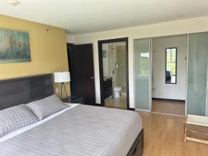 a bedroom with a large bed and a bathroom at Charming Two Bedroom with balcony in San José