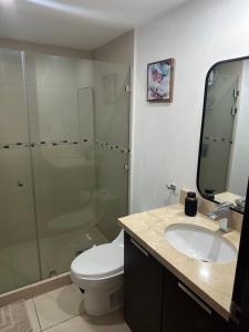 a bathroom with a toilet and a sink and a shower at Charming Two Bedroom with balcony in San José +3 photos