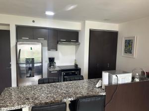 a kitchen with a counter top and a kitchen with a refrigerator at Charming Two Bedroom with balcony in San José