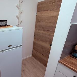 eine Küche mit Kühlschrank und Holztür in der Unterkunft Studio Enemia in Lesce + 5 Fotos