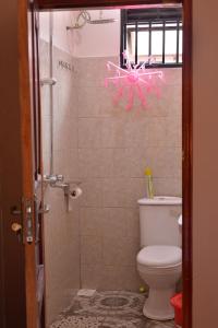 a bathroom with a toilet and a snowflake on the wall at Peryn Suites Kinubi, Hoima City, Uganda in Hoima +11 photos