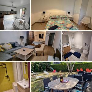 a collage of photos of a living room and a bedroom at Demeure de charme paisible in Villepinte