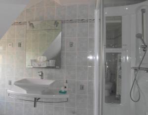 a white bathroom with a sink and a shower at Les Devants De Rupuanne in Bréhémont