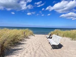 a bench sitting on a sandy beach near the ocean at Ferienwohnung W18 0 N in Graal-Müritz