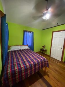 a bedroom with a bed with green walls and a ceiling at 4J's Cabins in Santa Familia