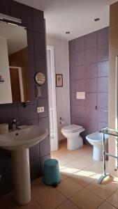 a bathroom with a sink and a toilet and a mirror at A casa di Berta in Pietrasanta +15 photos