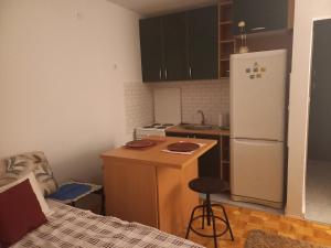 a kitchen with a small table and a refrigerator at Prelep mali stan sa terasom in Petrovaradin