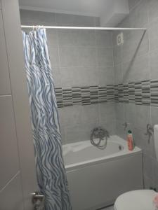 a bathroom with a bath tub with a zebra shower curtain at Prelep mali stan sa terasom in Petrovaradin +15 photos