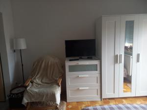a living room with a tv and a chair at Prelep mali stan sa terasom in Petrovaradin