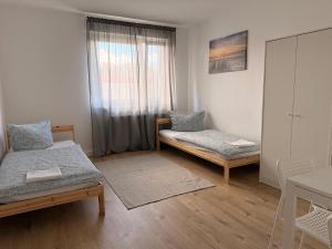 a small room with two beds and a window at Ferienwohnung Oppenheim in Oppenheim