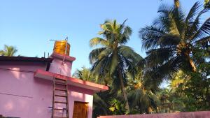 a pink building with a ladder next to palm trees at MAHASATHI HOMESTAY Murdeshwar in Māvalli